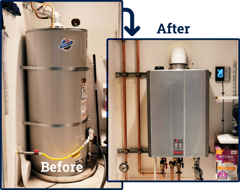 before after tankless installation Hot Water Heaters Dallas 768x607