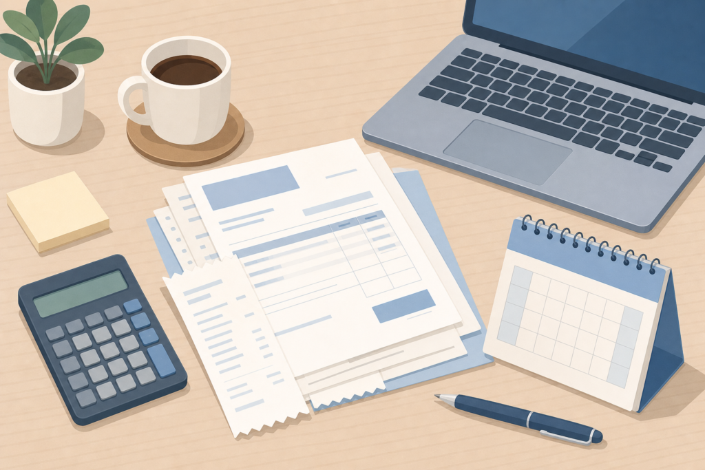Flat illustration of a desk with vendor invoices and receipts, a calculator, a desk calendar and a laptop, representing rental expense recordkeeping