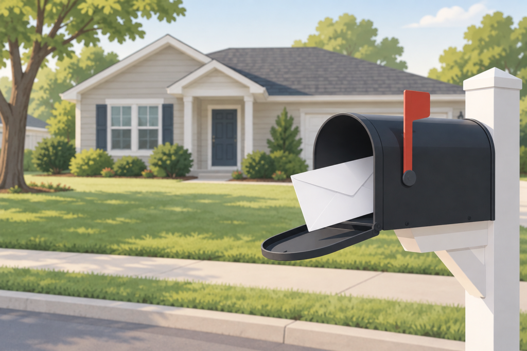 Illustration of a curbside mailbox holding a plain white envelope in front of a modest single-family rental house