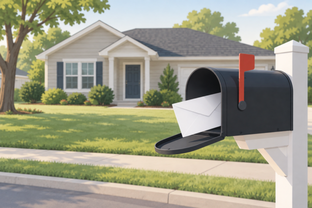 Illustration of a curbside mailbox holding a plain white envelope in front of a modest single-family rental house