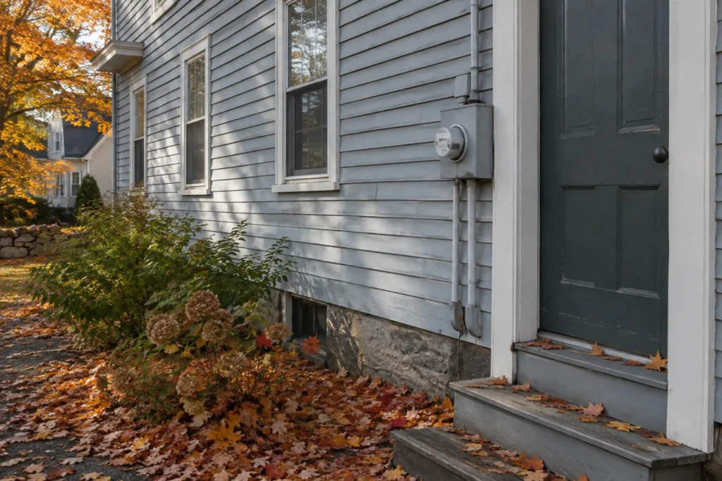 Side wall of a gray clapboard two-family house in autumn with a single utility meter mounted beside the entry door and fallen maple leaves on the ground