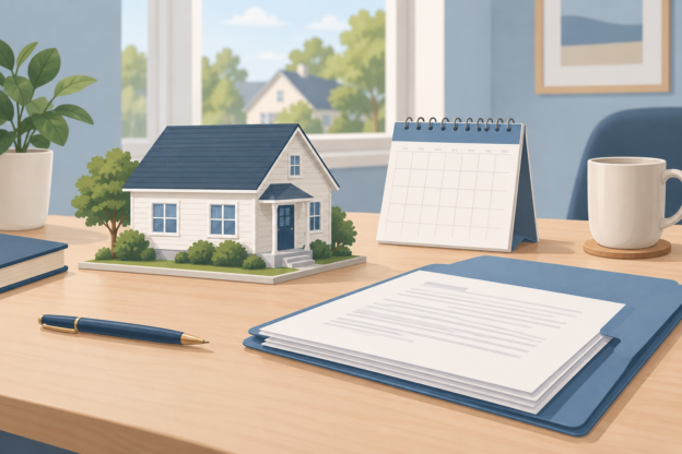 Illustration of a desk with a small model single-family house, a blank calendar and a folder of paperwork, representing rental-loan documentation deadlines
