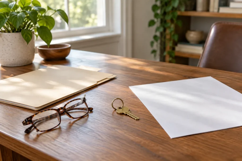 Wooden desk by a sunlit window with a manila folder, reading glasses, a brass house key and a blank sheet of paper