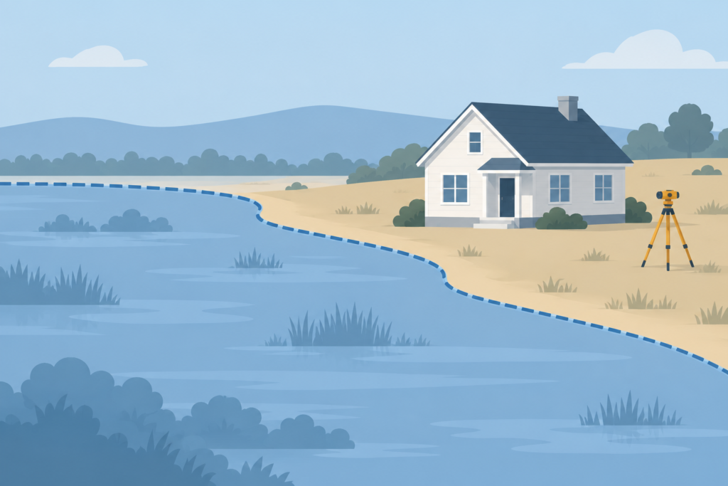 Flat illustration of a single-family rental house on dry ground next to a dashed boundary line separating it from a shaded flood-prone area, with a surveyor level on a tripod nearby