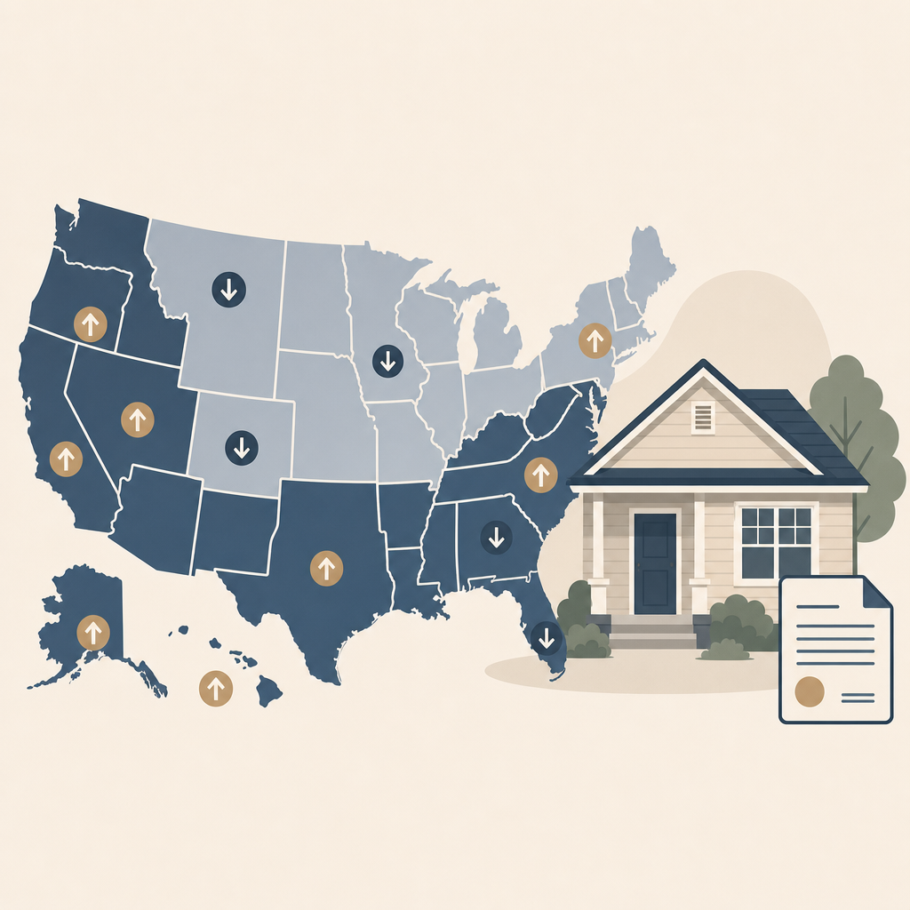 Flat illustration of a US map with generic up and down arrow markers next to a single-family rental house and a document, representing annual changes in HUD Fair Market Rents