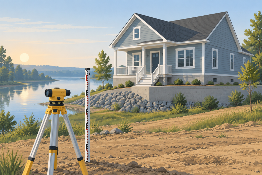 Illustration of a newly built single-family house on a raised foundation beside a calm river, with a surveyor's level and measuring rod in the foreground