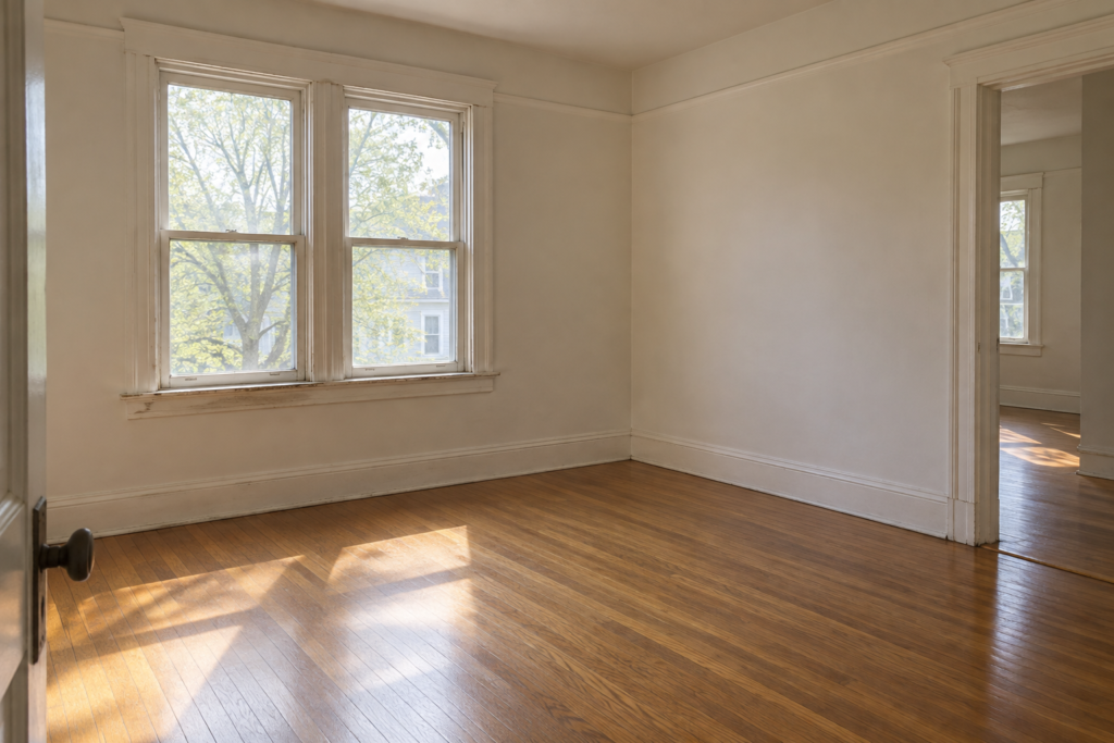 Empty room in an older rental home with a painted double-hung window, worn paint on the window sill and a sunlit hardwood floor
