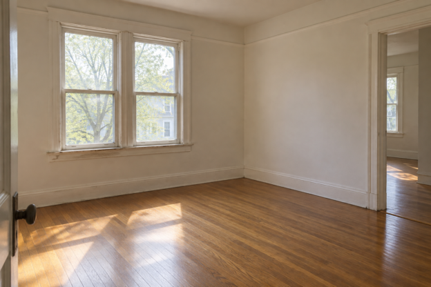 Empty room in an older rental home with a painted double-hung window, worn paint on the window sill and a sunlit hardwood floor