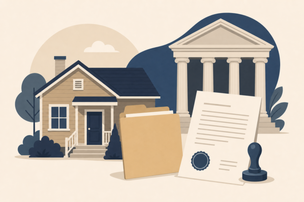 Flat illustration of a single-family rental house beside a manila folder, a stamped legal document, and a courthouse with columns