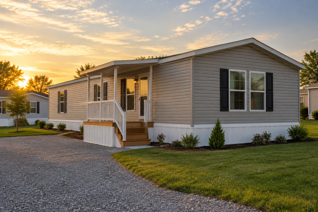 A newly built single-story manufactured home with white skirting, a small covered porch and a gravel driveway on a suburban lot at sunset