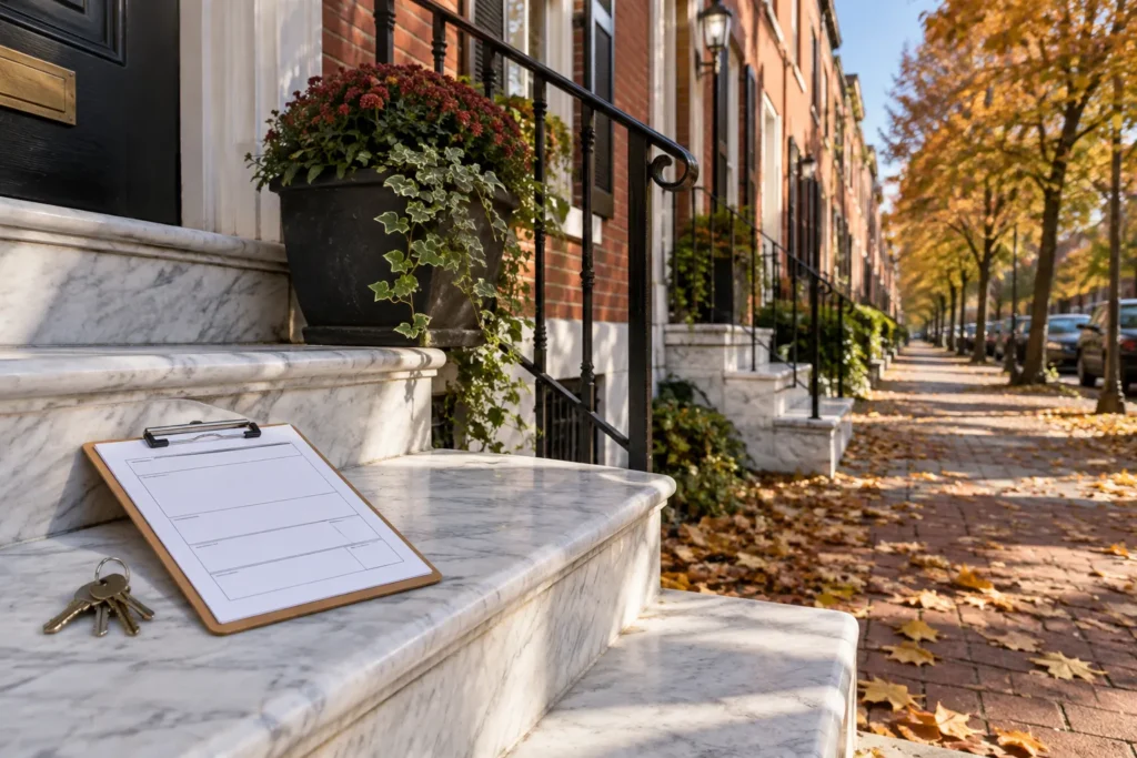 Blank clipboard form and a set of house keys on the white marble front steps of a brick rowhouse, with a tree-lined rowhouse street in autumn behind it