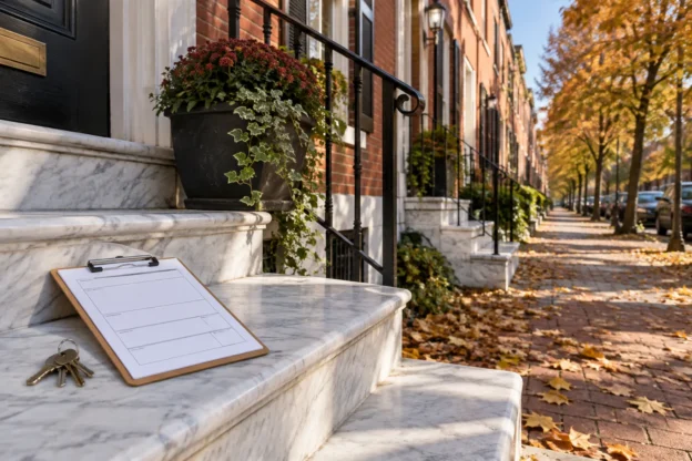 Blank clipboard form and a set of house keys on the white marble front steps of a brick rowhouse, with a tree-lined rowhouse street in autumn behind it