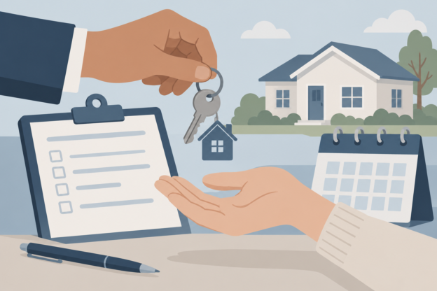 Flat illustration of a house key with a small house keychain being handed from one hand to another, beside a blank clipboard checklist, a blank calendar and a single-family house