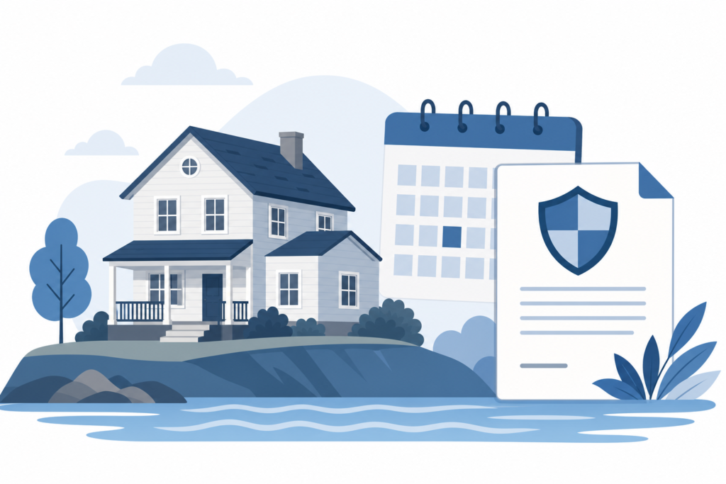 Flat illustration of a single-family rental house on raised ground beside water, next to a calendar page and an insurance policy document with a shield icon