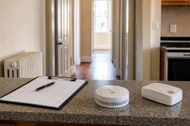 Kitchen counter in a rental home with a blank inspection clipboard, a smoke alarm and a carbon monoxide alarm, hallway in the background