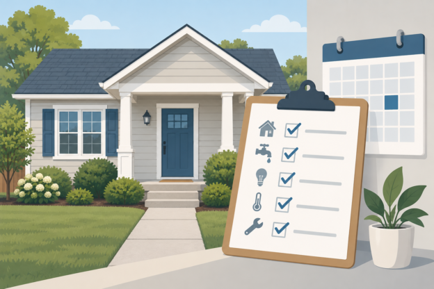 Illustration of a modest single-family rental house beside a blank inspection checklist on a clipboard and a blank wall calendar