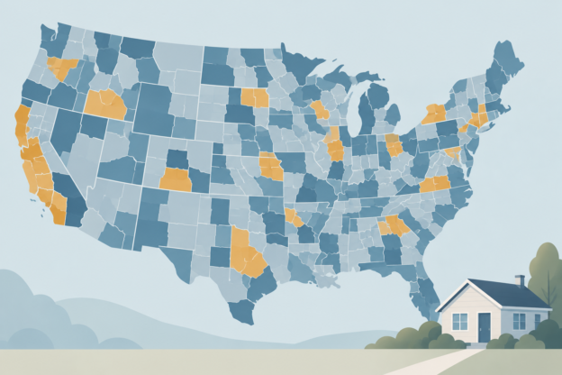 Stylized illustration of a United States map divided into census-tract shapes, with scattered tracts highlighted in amber, and a small single-family rental house at the lower right
