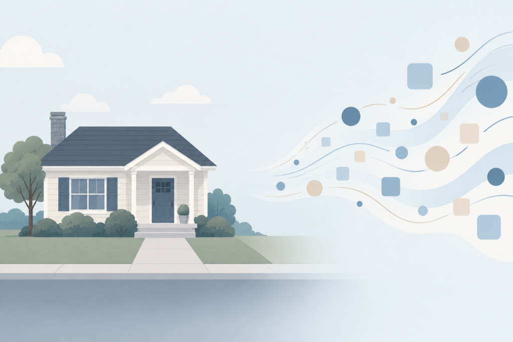 Flat illustration of a small single-family rental house on the left, separated by empty space from an abstract flowing stream of geometric data shapes on the right