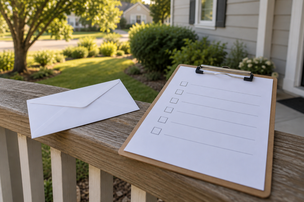 Blank envelope and a clipboard survey form with empty checkboxes resting on the porch railing of a suburban single-family house