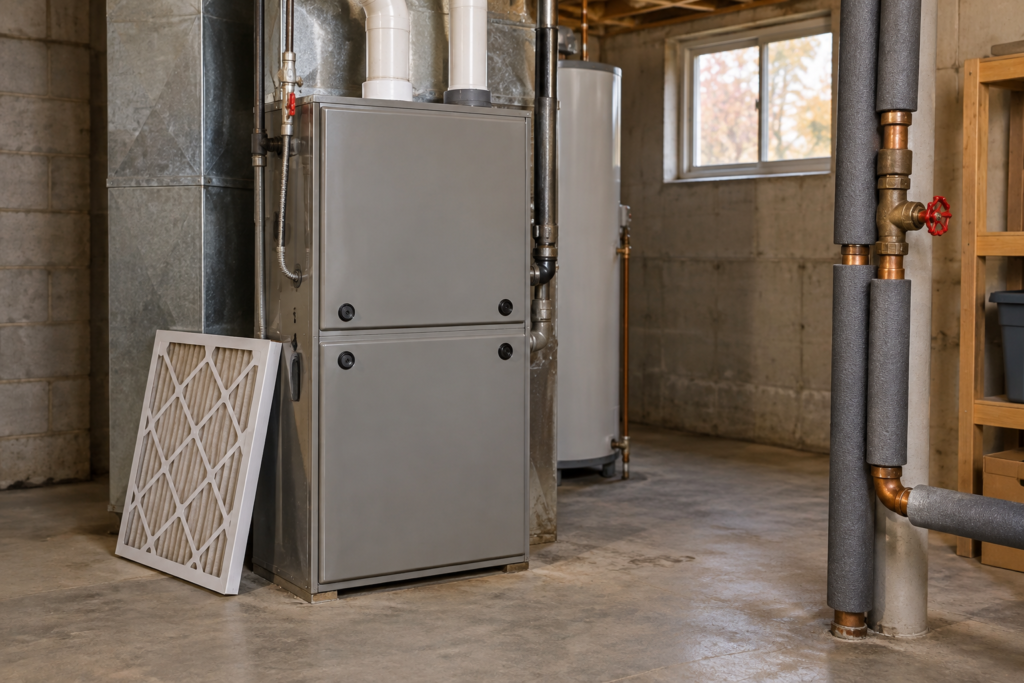 Clean gas furnace in an unfinished basement with a new air filter leaning against it, a water heater, and foam-insulated copper pipes with a red-handled water shutoff valve