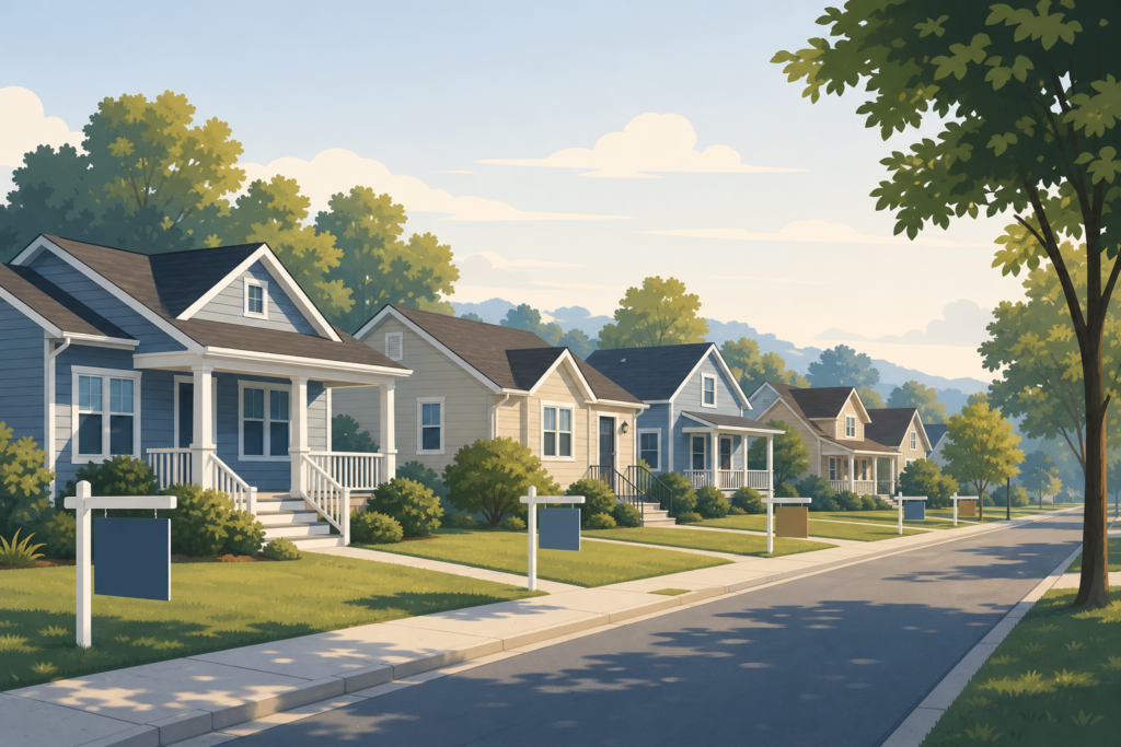 Illustration of a quiet suburban street of modest single-family houses with several blank for-sale yard signs