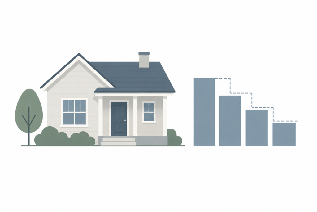 Flat illustration of a small single-family rental house beside four bars stepping downward, suggesting a lower subsidy payment ceiling