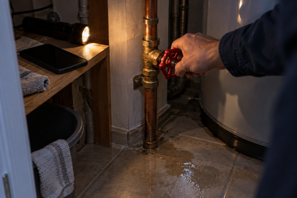 A hand turning a red-handled water shutoff valve on a copper pipe beside a water heater at night, with a small puddle on the tile floor and a flashlight on a shelf