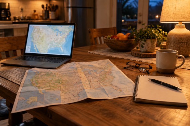 Kitchen table in the evening with a laptop showing a map of the United States, an unfolded paper road map, a notepad and pen, reading glasses and a coffee mug