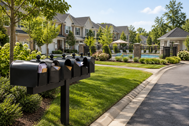 Row of black curbside mailboxes with envelopes in front of a tidy townhome community with lawns and a fenced community pool