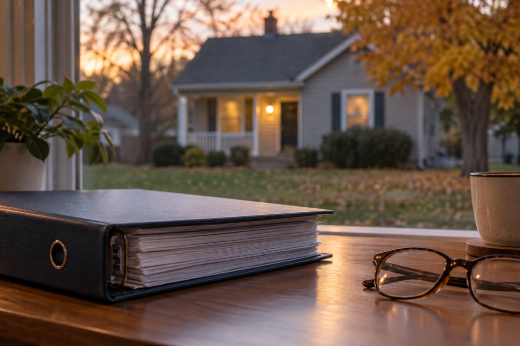 Black binder, reading glasses and a coffee mug on a wooden desk by a window, with a single-family house and autumn trees outside at dusk