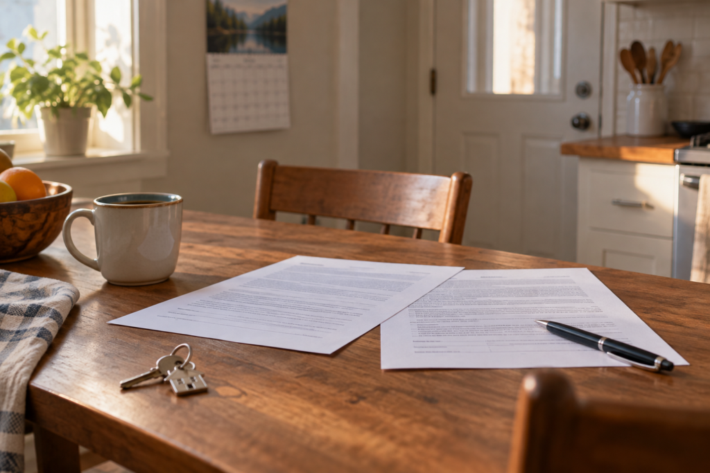 Printed lease pages and a pen on a wooden kitchen table beside a coffee mug and a house key, with a wall calendar in the background