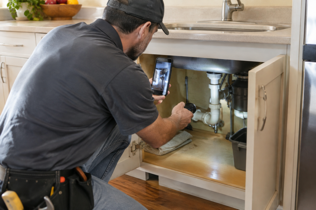 Handyman kneeling at an open kitchen sink cabinet, shining a flashlight on the drain pipes while recording a video on a smartphone