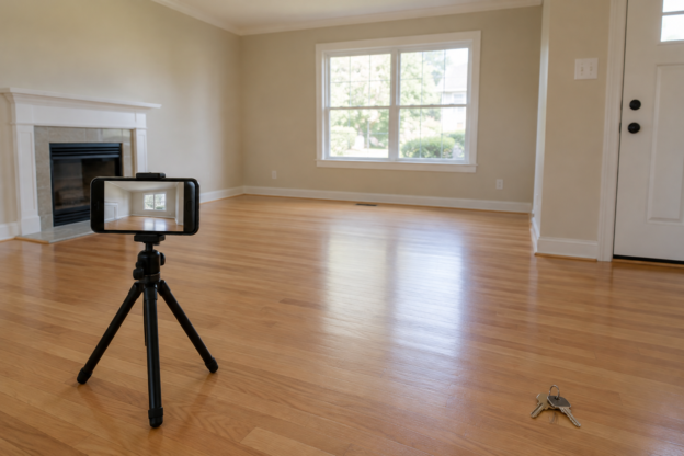 Empty rental living room with hardwood floors and a fireplace, a smartphone on a small tripod recording the room, and a set of house keys on the floor near the front door