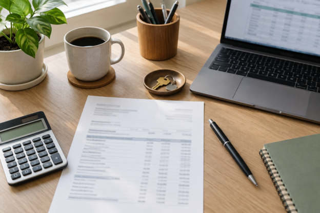 Home-office desk with a printed monthly statement, a calculator, a pen, a house key in a small dish and a laptop showing a spreadsheet