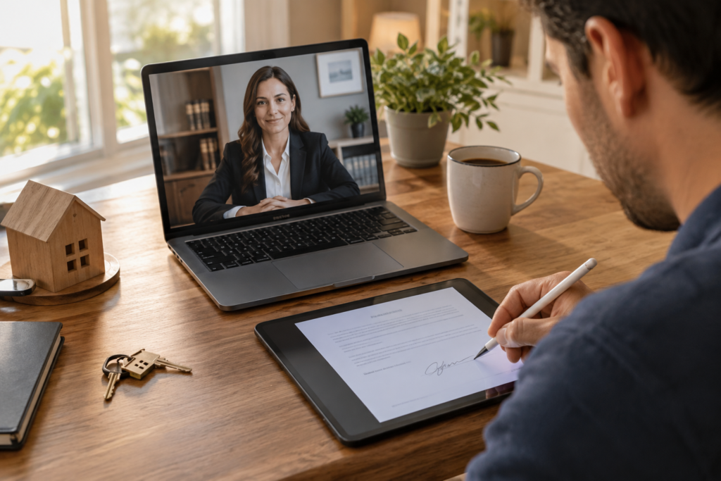 Person at a wooden desk signing a document on a tablet with a stylus during a video call with a notary on a laptop, with house keys, a coffee mug and a small wooden house model nearby