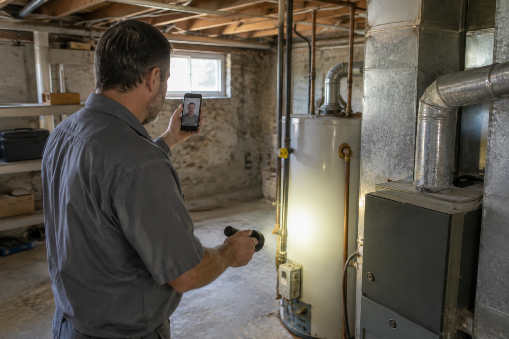 Home inspector in an unfinished basement holding a smartphone on a video call while shining a flashlight on the water heater next to the furnace