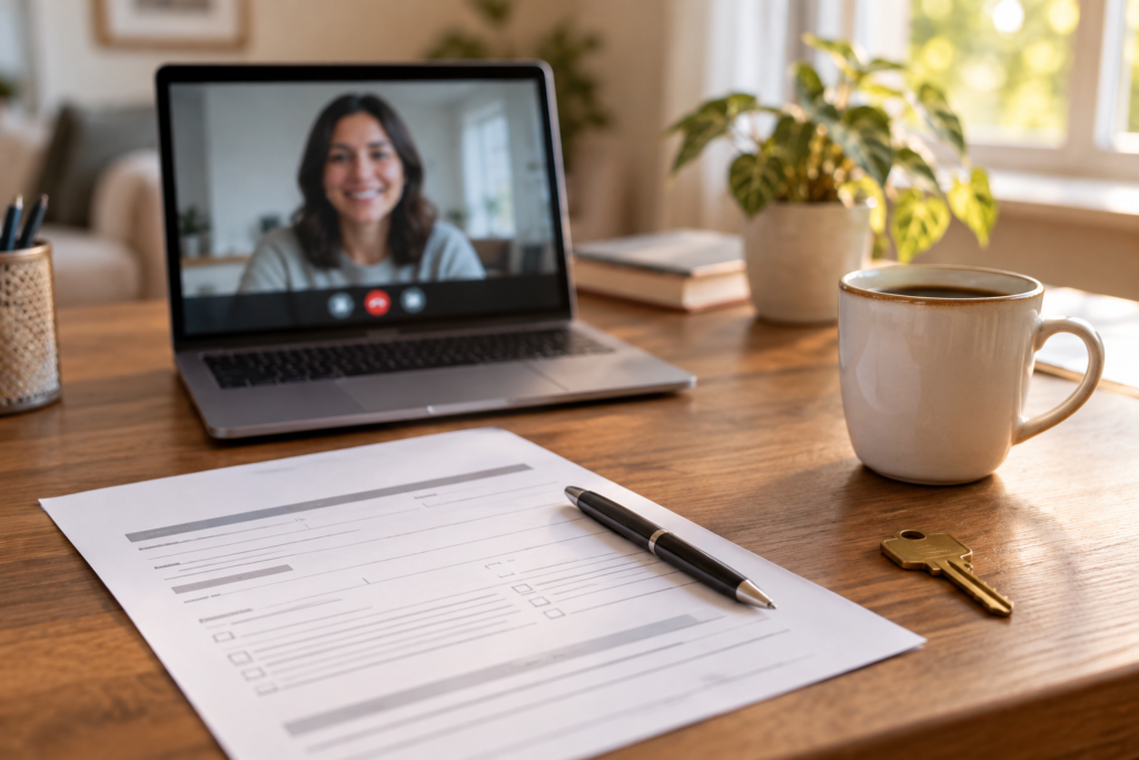 Laptop on a wooden home-office desk showing a video call with a smiling woman, beside a blank rental application form, a pen, a mug of coffee and a brass house key