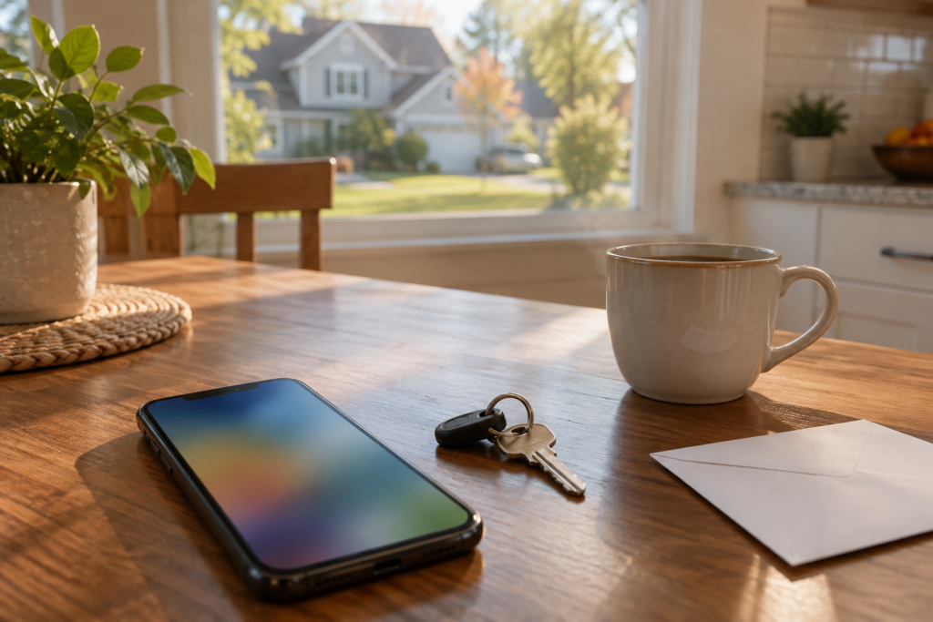 Smartphone, house key, blank envelope and a cup of coffee on a wooden kitchen table, with a suburban single-family house visible through the window