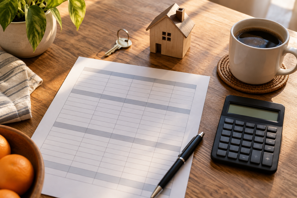 Kitchen table with a blank printed budget worksheet, a calculator, a pen, a coffee mug, a house key and a small wooden model house