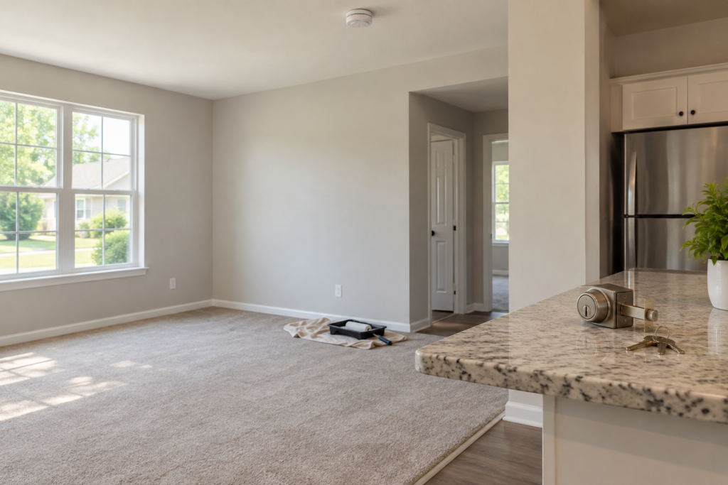 Empty, freshly cleaned rental living room with neutral walls and carpet, a paint roller tray on a drop cloth, a ceiling smoke alarm, and a new deadbolt lock with keys on the kitchen counter