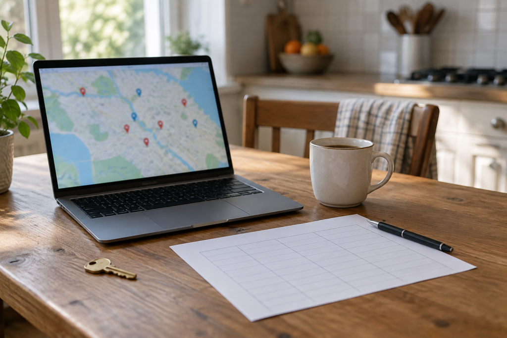 Laptop showing a map with scattered location pins beside a blank comparison sheet, a pen, a coffee mug and a brass house key on a wooden kitchen table