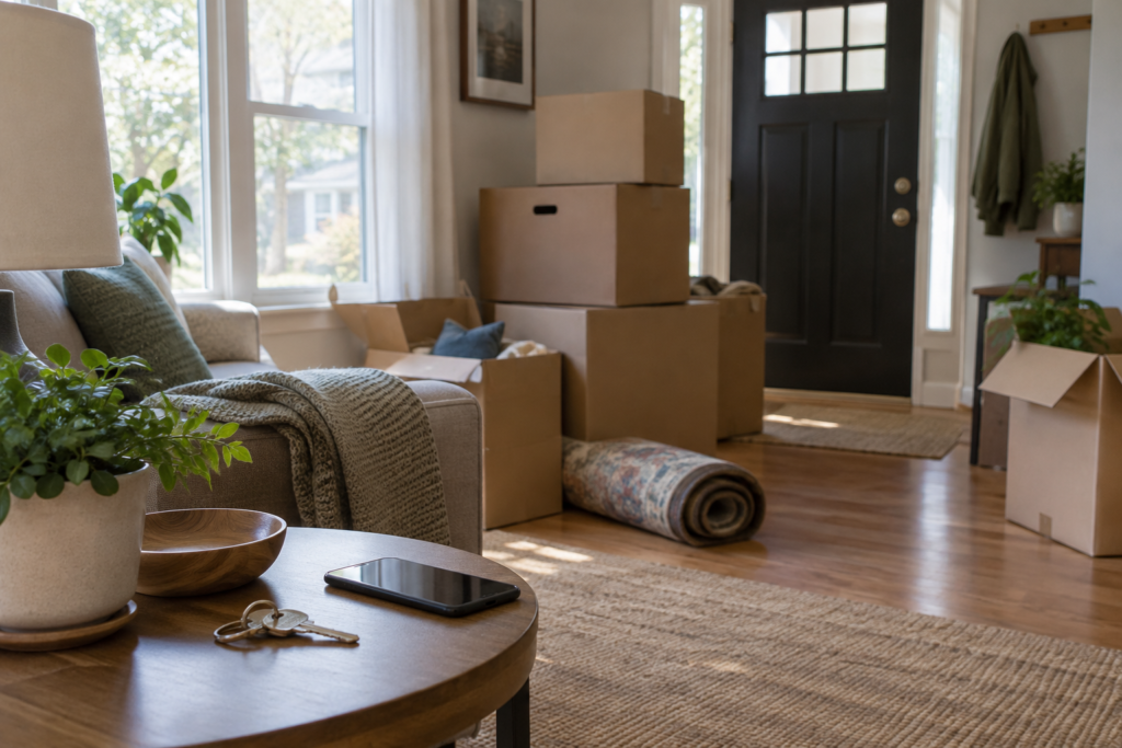 Living room of a rental home with stacked cardboard moving boxes near the front door, a rolled-up rug, and a house key and smartphone on a round side table