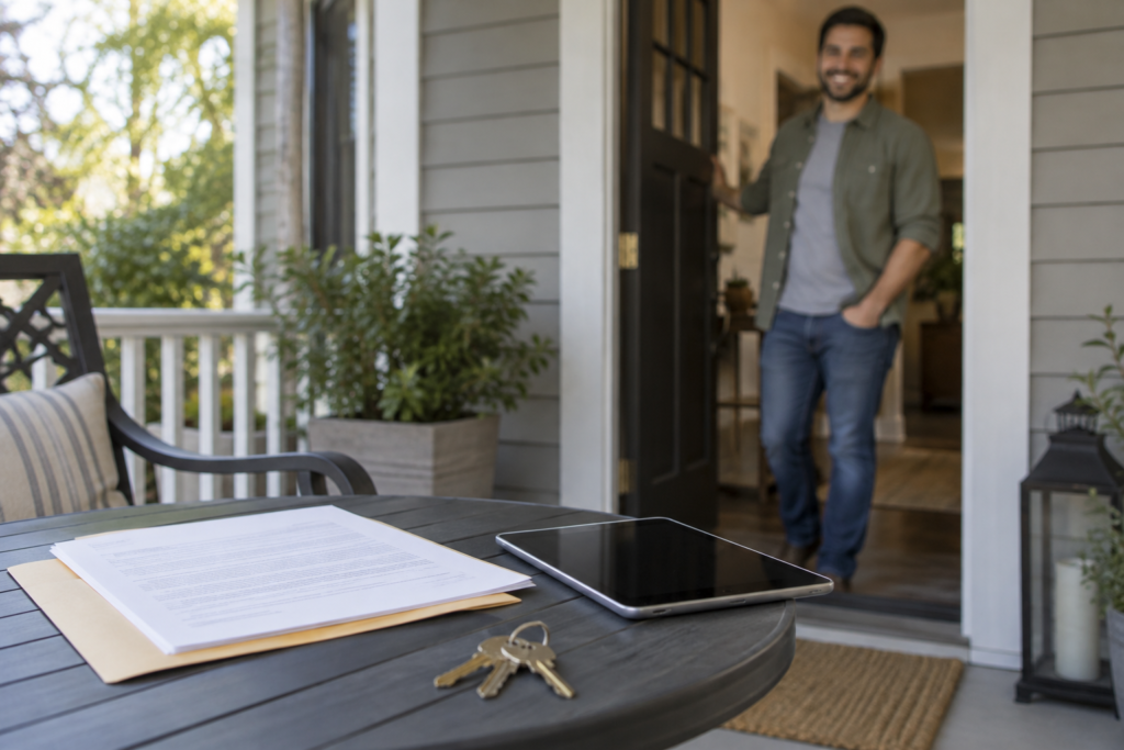 Front porch of a rental house with a folder of lease papers, a set of house keys and a tablet on a table while a smiling tenant stands in the open doorway
