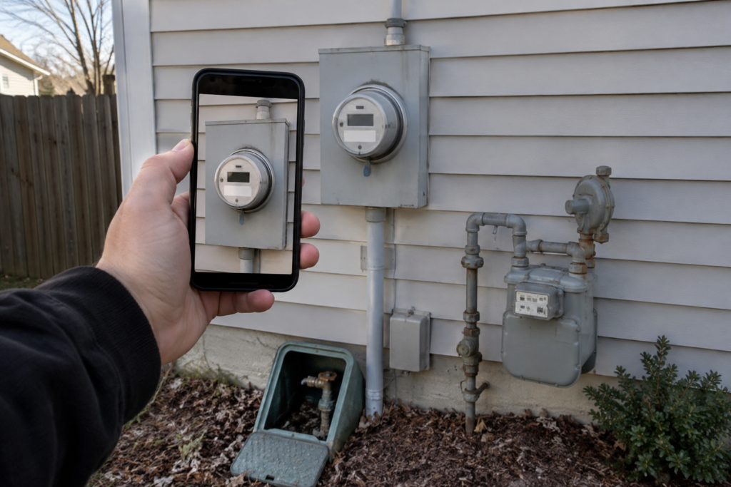 Hand holding a smartphone to photograph the electric meter on the side of a rental house, next to a gas meter and an open water shutoff valve box