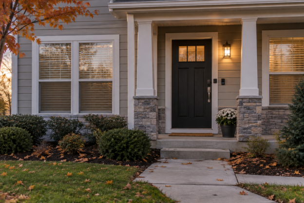 Front porch of an empty single-family rental house at dusk with closed blinds, a lit porch light, a keypad smart lock and a doorbell camera beside the front door, and autumn leaves on the walkway