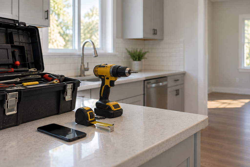 Open toolbox, cordless drill, tape measure and smartphone on the kitchen counter of an empty rental house