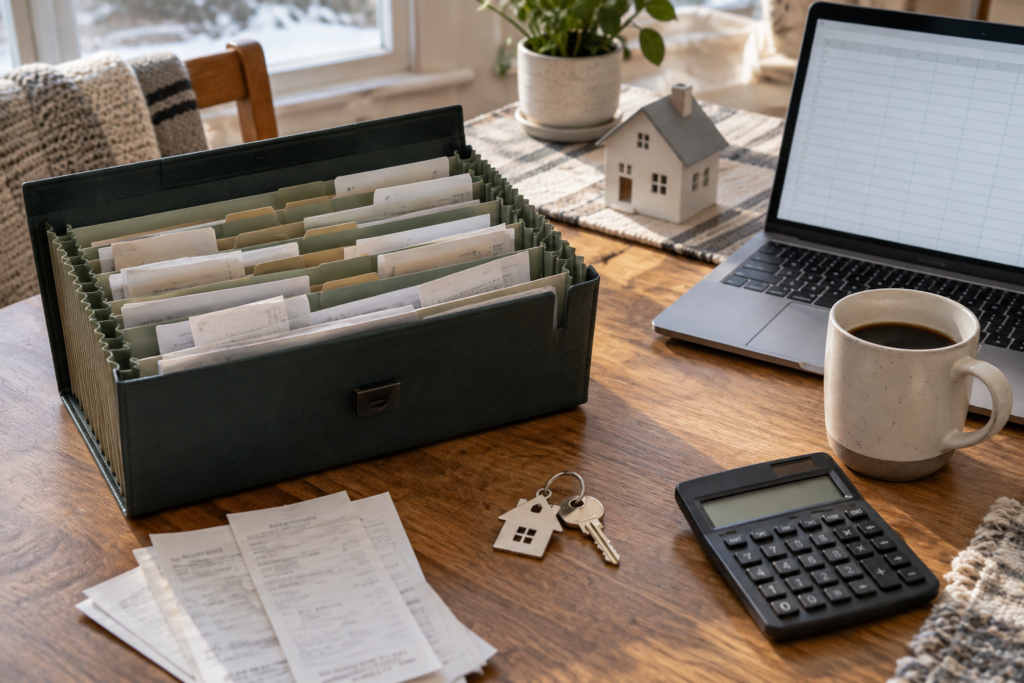 Kitchen table with an accordion file folder of sorted receipts, a house key, a calculator, a coffee mug, a small model house and a laptop showing a blank spreadsheet